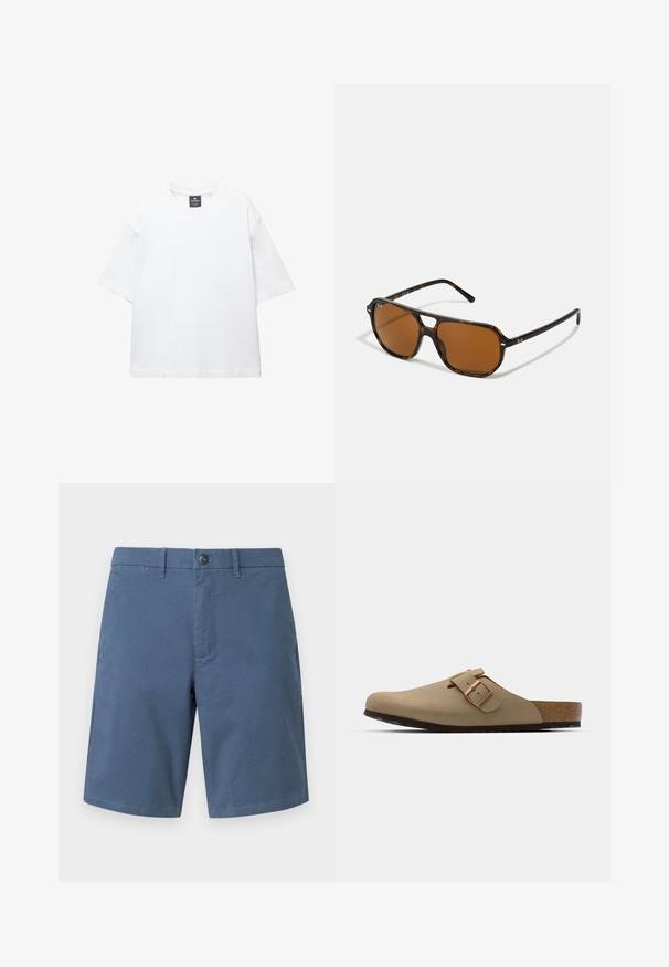 Bílý krátký rukáv tričko vyrobené z bavlny, s kulatým výstřihem a volným střihem se rovním lemem. Bez vzorů nebo zdobení.; GAP VINTAGE - Šortky - frozen lake; Bežové dřeváky s kulatou špičkou, nastavitelným sponovým detailem a korkovou stélkou. Texturovaný povrch s černou gumovou podrážkou pro lepší přilnavost.; Brýle z želvovité skořápky s hnědými skly, obdélníkový tvar a kovové akcenty na rámu. Elegantní design s tenkými stranami.