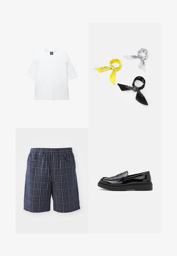 Hvid kortærmet T-shirt lavet af bomuld, med rund halsudskæring og løs pasform med lige kant. Ingen mønstre eller udsmykninger.; Marinefarvede ternede shorts med elastisk talje, som har lommer og en løs pasform. Fremstillet af letvægtsstof med et ternet design.; Sorte patenterede læderloafers med en rund tå, et dekorativt bånd og en tyk sort gummisål. Glat, blank overflade med minimal syning.; Tre bandanas: en gul med sorte mønstre, en hvid med sorte design og en sort med hvide grafikker. Alle er firkantede og lavet af lette stoffer.; Sæt af fem metalliske ringe i forskellige bredder, med glatte, polerede og børstede overflader; farverne spænder fra skinnende sølv til mat.