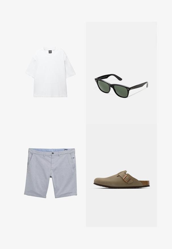 Bela majica s kratkimi rokavi iz bombaža, z okroglo ovratnikom in sproščenim krojem ter ravnim robom. Brez vzorcev ali okrasnih elementov.; Sive, tkanine kratke hlače z teksturiranim vzorcem. Imajo zanke za pas, dva sprednja žepa in majhen stranski žep. Redna prileganje.; Rjave klompice z gladko, matirano površino. Na strani imajo izrazit bronast sponko. Korkov vložek in gumijast podplat za udobje.; Črne plastične sončna očala z zelenimi lečami, kvadratni okvirji, srebrni detajl na obrvi in teksturirani ročaji. Blagovna znamka navedena na notranji strani ročaja.
