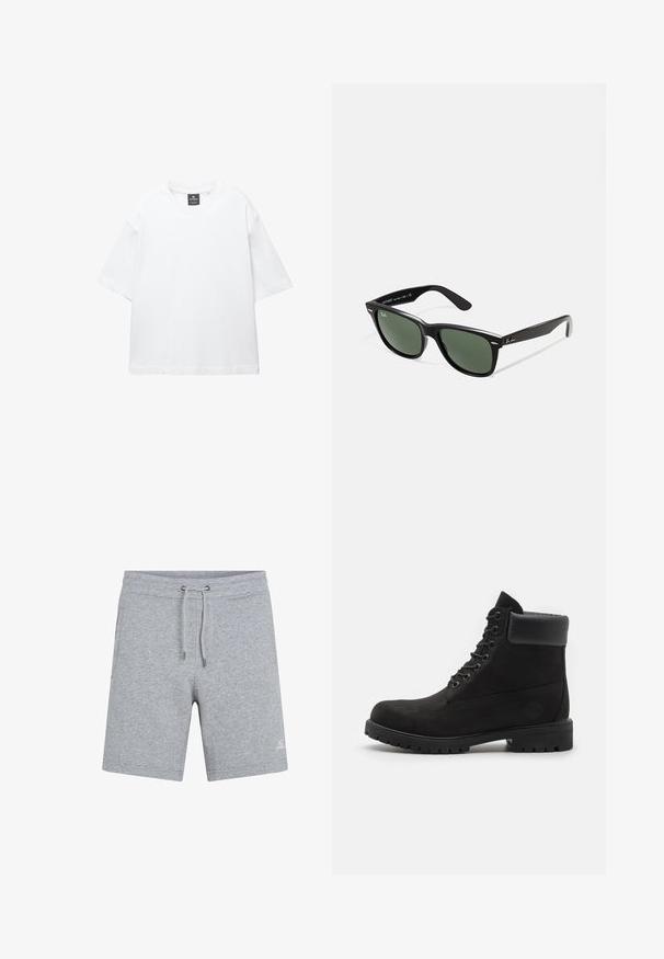T-shirt bianco a maniche corte in cotone, con scollatura rotonda e vestibilità rilassata con orlo dritto. Nessun motivo o decorazione.; Pantaloni corti in cotone grigio con vita elasticizzata e cordino regolabile. Presentano tasche laterali e un piccolo logo sulla coscia sinistra.; Stivale alla caviglia nero con lacci, colletto imbottito e suola robusta, mostrato in profilo su uno sfondo bianco.; Occhiali da sole in plastica nera con lenti verdi, montatura quadrata, dettaglio argento sulla parte superiore e steli con texture. Marchio indicato sulla parte interna dello stelo.