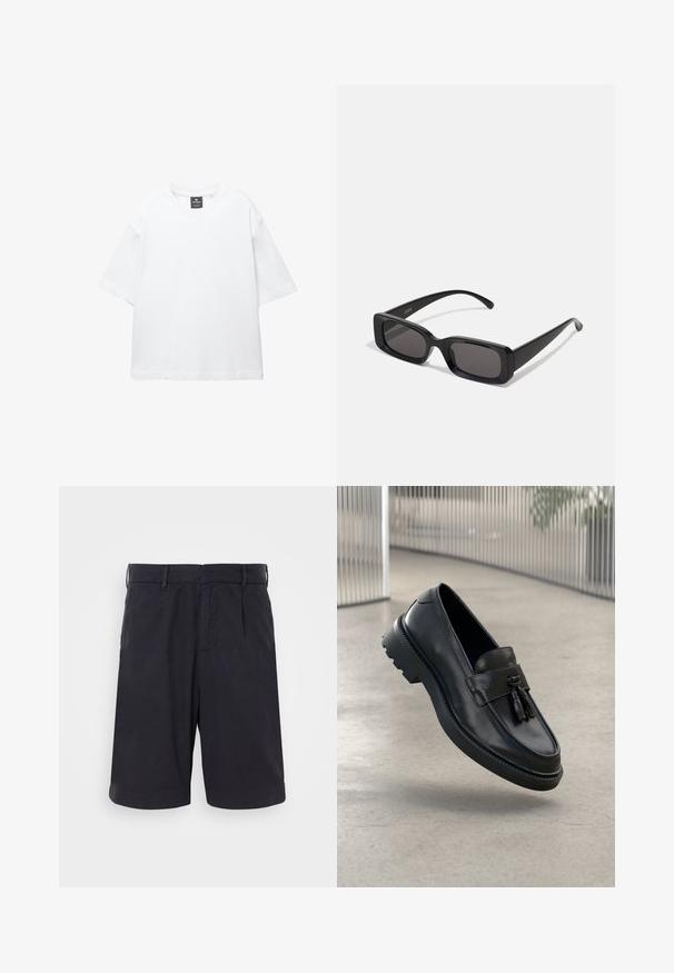 Tricou alb cu mânecă scurtă, confecționat din bumbac, având un decolteu rotund și o croială lejeră cu tiv drept. Fără modele sau broderii.; Pantaloni scurți din bumbac bleumarin, cu față plată, bucle pentru curea, buzunare laterale și o croială relaxată, având o textură netedă și un design elegant.; Mocasini negri din piele cu finisaj neted, ciucure decorativ, talpă groasă din cauciuc și accente cusute. Design ușor și elegant.; Ochelari de soare negri, cu ramă rectangulară, lentile întunecate, finisaj lucios, brațe late și un design masiv. Numele mărcii gravat pe una dintre brațe.; Clutch sintetic negru cu închidere cu fermoar, curea pentru încheietură și textură netedă. Prezintă cusături subtile și un logo în relief pe față.