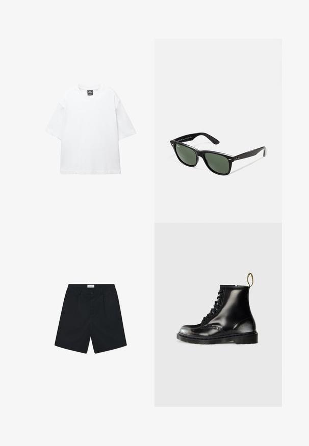 Bijela majica kratkih rukava od pamuka, s okruglim izrezom i opuštenim krojem sa ravnim rubom. Bez uzoraka ili ukrasa.; Crne kratke hlače izrađene od tkanine glatke teksture. Karakteristike uključuju kopčanje na dugme, dva prednja nabora i standardni pojas.; Crne kožne gležnjače s sjajnom završnom obradom, osam rupa za vezanje, crne vezice i petlja za lakše obuvanje. Imaju teksturiranu potplate s uzorkom.; Crne plastične sunčane naočale s zelenim staklima, kvadratni okviri, srebrni naglasak na obrvi i teksturirane ručke. Naziv brenda naveden na unutrašnjoj strani ručke.