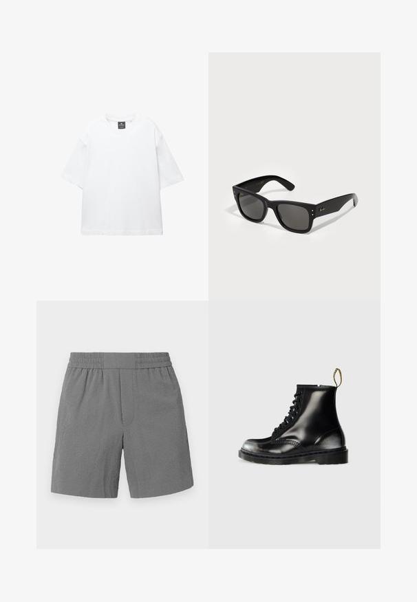 White short-sleeve t-shirt made of cotton, featuring a round neckline and relaxed fit with straight hem. No patterns or embellishments.; Gray shorts with an elastic waistband, textured fabric, and straight cut. Features two side pockets and a subtle, patterned design.; Black leather ankle boots with a shiny finish, eight eyelets, black laces, and a pull tab. Features a textured treaded sole.; Black sunglasses with a square frame, featuring dark lenses. Accented with small gold dots and a gold logo on the temple. Smooth texture.