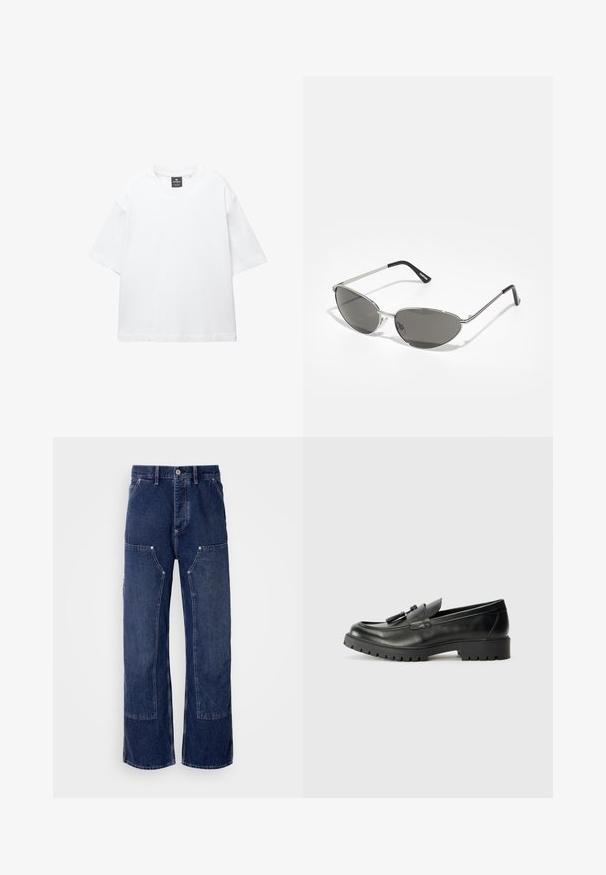 Weißes T-Shirt mit kurzen Ärmeln aus Baumwolle, das über einen Rundhalsausschnitt und einen lockeren Schnitt mit geradem Saum verfügt. Keine Muster oder Verzierungen.; Weite dunkelblaue Jeans mit kontrastierenden Paneel-Details, Fronttaschen und einem Metallknopfverschluss. Strukturierter Stoff mit sichtbaren Nähten.; Schwarze Leder-Pantoletten mit rundem Zehenbereich, auffälligen Nähten und einer strukturierten Gummisohle. Verfügt über dekorative Beschläge auf dem Blatt.; Sonnenbrille mit einem schlanken, silbernen Metallrahmen, grauen getönten Gläsern und einem aerodynamischen Design mit spitzen Kanten und dünnen Bügeln.