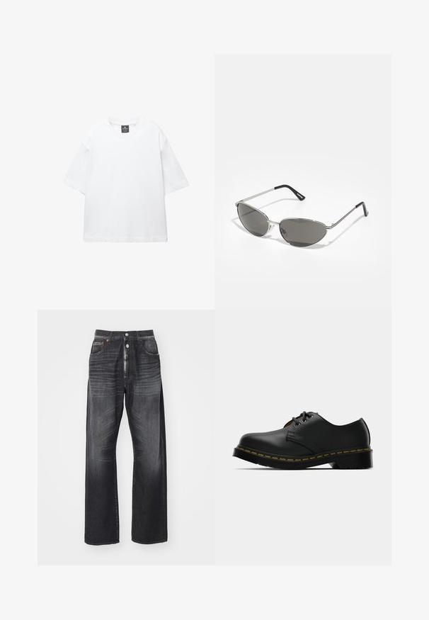 Witte t-shirt met korte mouwen van katoen, met een ronde hals en een relaxte fit met rechte zoom. Geen patronen of versieringen.; Donkergewassen wijde jeans van denim, met een knoopsluiting, vijf zakken en een subtiele vervaging over de stof.; Zwarte leren schoenen met een ronde neus, vetersluiting, gele stiksel langs de zool, en een stevige zwarte rubberen zool voor grip.; Zonnebril met een slank, zilveren metalen frame, grijs getinte lenzen en een aerodynamisch ontwerp met puntige randen en dunne pootjes.