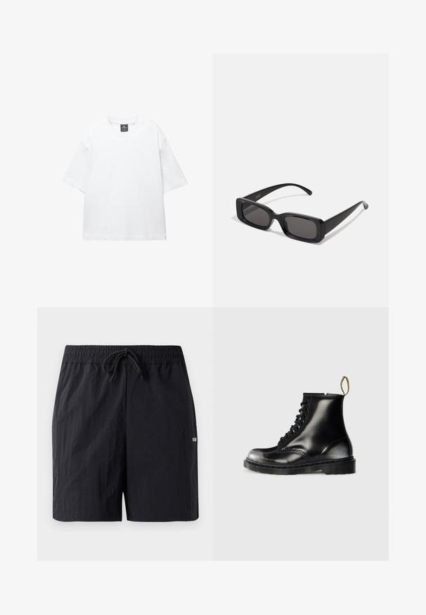 Fehér, rövid ujjú póló, pamutból készült, kerek nyakkivágással és laza, egyenes szabással. Nincsenek minták vagy díszítések.; Fekete fürdőnadrág, textúrált anyagból készült, elasztikus derékpánttal és húzózsinórral, valamint egy kis logóval az oldalon.; Fekete bőr bokacsizmák fényes felülettel, nyolc fűzőlyukkal, fekete cipőfűzővel és húzófüllel. Mintás talppal rendelkezik.; Fekete, téglalap alakú napszemüveg sötét lencsékkel, fényes felülettel, széles szárakkal és masszív keret designnal. Az egyik szárra gravírozott márkanevével.