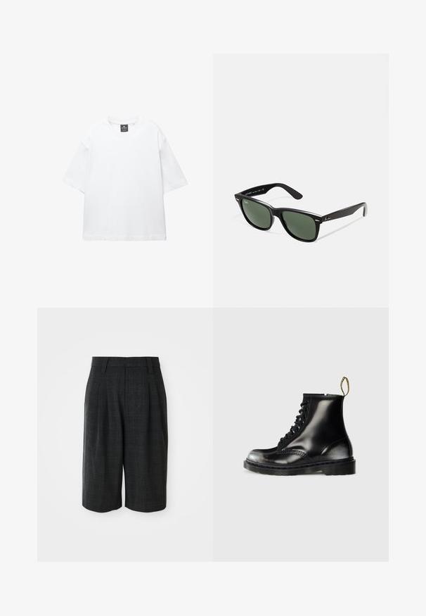 T-shirt bianco a maniche corte in cotone, con scollatura rotonda e vestibilità rilassata con orlo dritto. Nessun motivo o decorazione.; Pantaloni corti tailored grigio scuro fino al ginocchio con un sottile motivo a quadri e passanti per cintura su uno sfondo bianco semplice.; Stivali neri in pelle fino alla caviglia con una finitura lucida, otto asole, lacci neri e un manico. Presentano una suola a carrarmato texturizzata.; Occhiali da sole in plastica nera con lenti verdi, montatura quadrata, dettaglio argento sulla parte superiore e steli con texture. Marchio indicato sulla parte interna dello stelo.