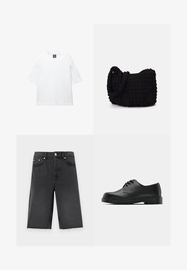 T-shirt blanc à manches courtes en coton, avec un col rond et une coupe décontractée àOurlet droit. Sans motifs ni embellissements.; Shorts en denim noir à coupe droite, avec un ourlet légèrement effiloché, des passants de ceinture, cinq poches et des boutons en métal argenté.; Chaussure oxford en cuir noir avec un design à lacets, bout rond, semelle en caoutchouc plate et détails de surpiqûre discrets le long du dessus.; Sac en tissu noir avec un motif texturé et matelassé. Forme arrondie, poignées courtes et épaisses, et structure souple et flexible.