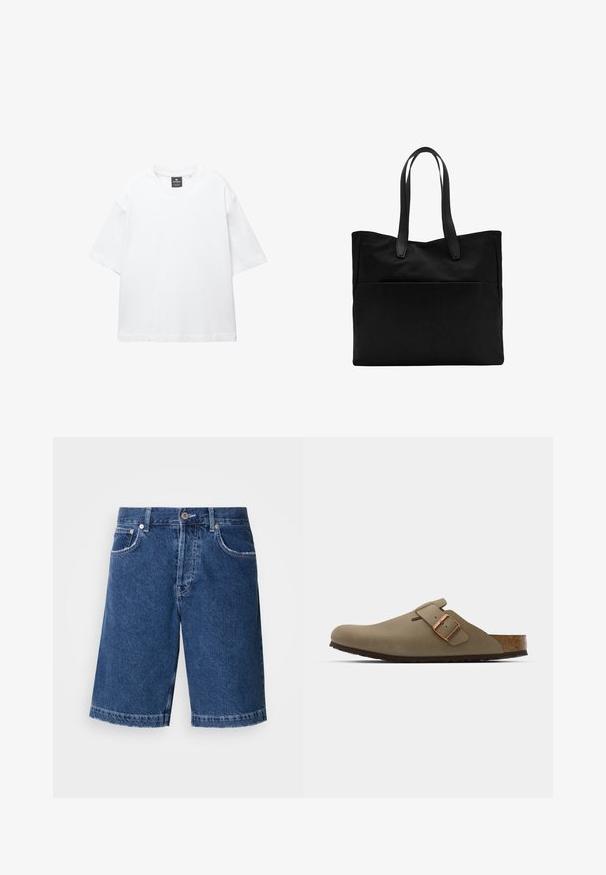 Bela majica s kratkimi rokavi iz bombaža, z okroglo ovratnikom in sproščenim krojem ter ravnim robom. Brez vzorcev ali okrasnih elementov.; Jean kratke hlače v temno modri barvi, s pravim krojem, dvema sprednjima žepoma in klasičnim gumbom za zapiranje. Obroba je stikana z rahlim zbledelostjo.; Rjave klompice z gladko, matirano površino. Na strani imajo izrazit bronast sponko. Korkov vložek in gumijast podplat za udobje.; Črna torba iz platna z dvema dolgima ročajema, izdelana iz gladkega materiala. Ima sprednji žep in minimalističen dizajn. Brez vidnih kovinskih delov ali vzorcev.
