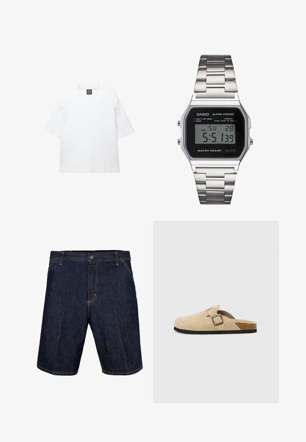 Biała krótka koszulka z krótkim rękawem, wykonana z bawełny, z okrągłym dekoltem i luźnym fasonem oraz prostym dołem. Bez wzorów ani ozdób.; Jeansowe szorty w ciemnoniebieskim kolorze z żółtymi szwami, z przodem zapinanym na guzik, szlufkami na pasek i bocznymi kieszeniami. Gładka faktura, długość do kolan.; Beżowe zamszowe klapki z korkową wkładką, zaokrąglonym noskiem i prostym paskiem z złotym zapięciem. Gumowa podeszwa zapewniająca przyczepność.; Cyfrowy zegarek Casio z czarną tarczą, srebrnym stalowym paskiem, prostokątną obudową oraz przyciskami do podświetlenia, resetowania okrążeń i zmiany trybów.