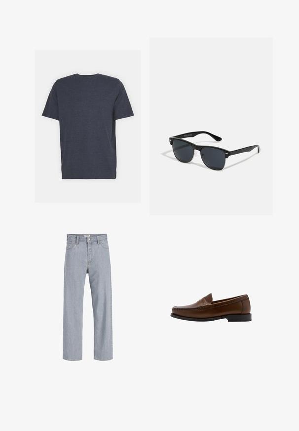 Granatowa koszulka z okrągłym dekoltem, wykonana z miękkiej bawełny z dodatkiem włókien syntetycznych, z krótkimi rękawami i regularnym krojem. Bez widocznych wzorów ani akcentów.; Jasnoniebieskie dżinsy o luźnym kroju, prostych nogawkach, widocznym szwie, dwóch przednich kieszeniach i zapięciu na guzik.; Mango - Półbuty wsuwane; Czarne okulary przeciwsłoneczne o prostokątnym kształcie, ciemnych soczewkach, srebrnych akcentach na zausznikach oraz matowym wykończeniu oprawki.
