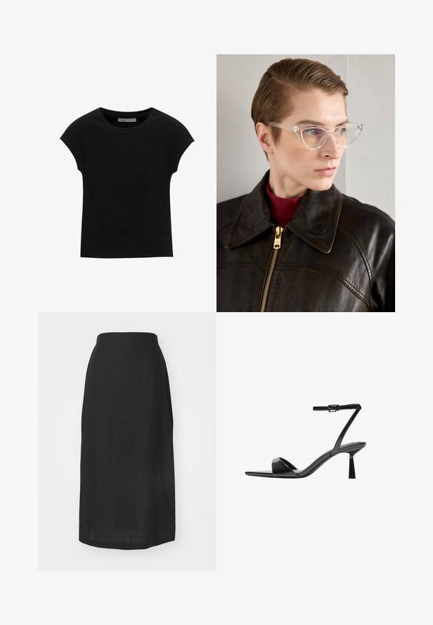 Čierne tričko s krátkym rukávom a okrúhlym výstrihom. Vyrobené z hladkej, elastickej bavlnenej tkaniny. Jednoduchý dizajn bez vzorov alebo grafiky.; Čierna ľanová midi sukňa s vysokým pásom, hladkou textúrou, priamym strihom a lemom, ktorý siaha pod kolená. Žiadne viditeľné švy ani vzory.; Bershka Sandále na vysokom opätku - black; Priehľadné acetátové mačacie okuliare s žltými tónovanými sklami, ktoré nosí osoba v tmavej koženej bunde a červenom roláku. Hladký povrch.; Čierna kožená kabelka s mäkkým a voľným dizajnom, širokými popruhmi a hladkým povrchom. Žiadne viditeľné hardvérové prvky ani ozdoby.