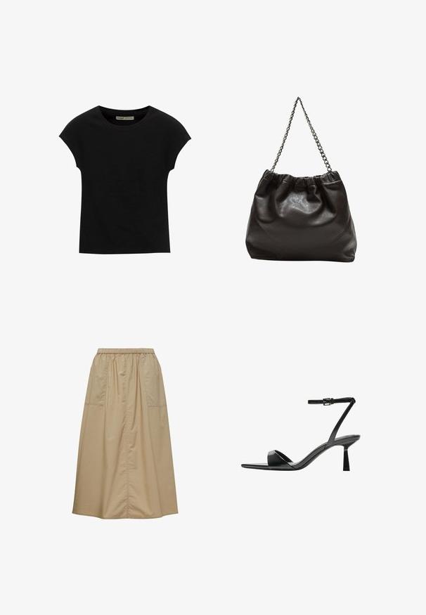 Czarna koszulka z krótkim rękawem i okrągłym dekoltem. Wykonana z gładkiej, elastycznej bawełny. Prosty design bez wzorów i grafik.; Beżowa spódnica do kolan z elastycznym pasem, wykonana z lekkiego materiału, z dwoma bocznymi kieszeniami i prostym plisowanym wzorem.; Bershka - Sandały na obcasie; Brązowa skórzana torba z marszczonym szczytem i łańcuszkowym paskiem. Gładka tekstura z błyszczącym wykończeniem i subtelnymi detalami szwów po bokach.