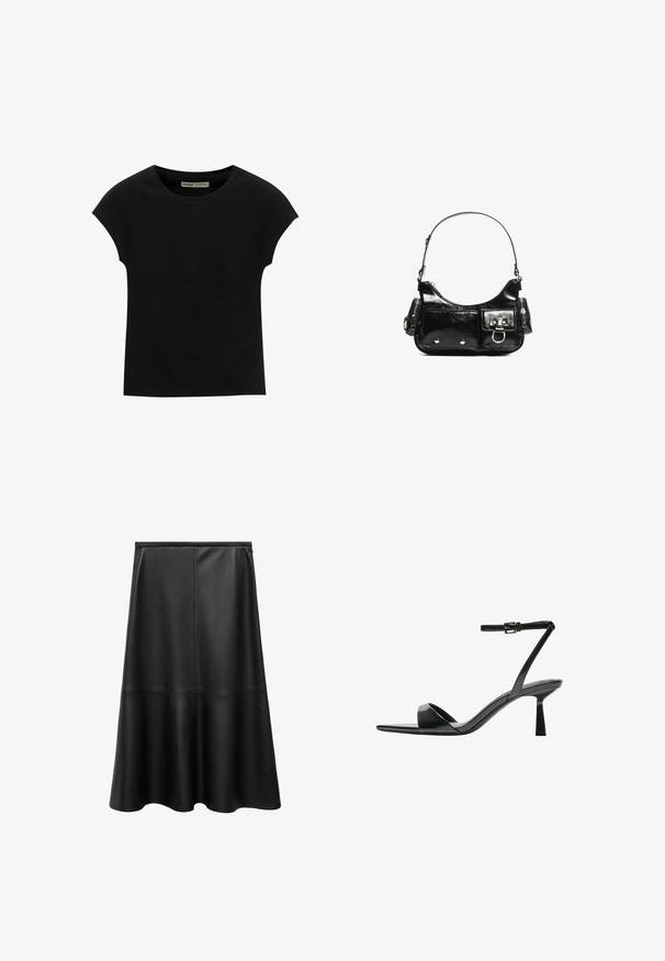Czarna koszulka z krótkim rękawem i okrągłym dekoltem. Wykonana z gładkiej, elastycznej bawełny. Prosty design bez wzorów i grafik.; Czarna skórzana spódnica, w kształcie A, do kolan, o gładkiej fakturze, z detalami szwów, rozkloszowanym hemie i ukrytym zapięciem na suwak z tyłu.; Bershka - Sandały na obcasie; Czarna torebka z lakierowanej skóry o zaokrąglonym kształcie, z jednym paskiem na ramię, przednimi kieszeniami i akcentami w kolorze srebrnym.