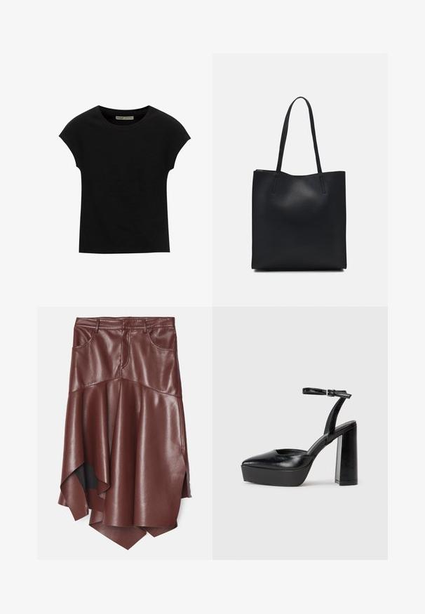 Čierne tričko s krátkym rukávom a okrúhlym výstrihom. Vyrobené z hladkej, elastickej bavlnenej tkaniny. Jednoduchý dizajn bez vzorov alebo grafiky.; Hnedá sukňa z umelého semišu s rozšíreným, asymetrickým lemom, ktorý má dve predné vrecká a hladkú, lesklú textúru.; Čierne platformové podpätky so špicatou špičkou a nastaviteľným členkovým remienkom. Vyrobené z hladkej kože a so robustným blokovým podpätkom.; Čierna kožená taška na rameno s hladkým povrchom, obdĺžnikovým tvarom a dvoma dlhými uchami. Bez viditeľného kovania alebo ozdôb.
