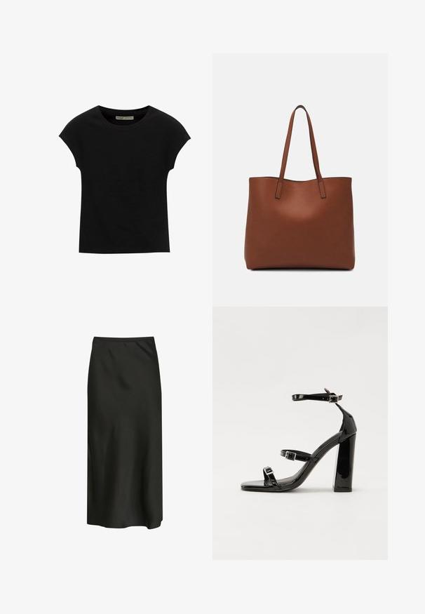 Maglietta nera a maniche corte con scollo rotondo. Realizzata in tessuto di cotone liscio ed elastico. Design semplice senza motivi o grafiche.; Gonna nera midi realizzata in tessuto liscio e leggero. Presenta un design semplice con una fascia elastica in vita e una leggera lucentezza.; Sandali con tacco in vernice nera, con punta squadrata, cinturini alla caviglia e fibbie in argento. Presentano un tacco a blocco spesso per maggiore stabilità.; Borsa tote in pelle marrone con texture liscia, design con apertura superiore e due spallacci. Presenta cuciture minime e nessun hardware visibile.