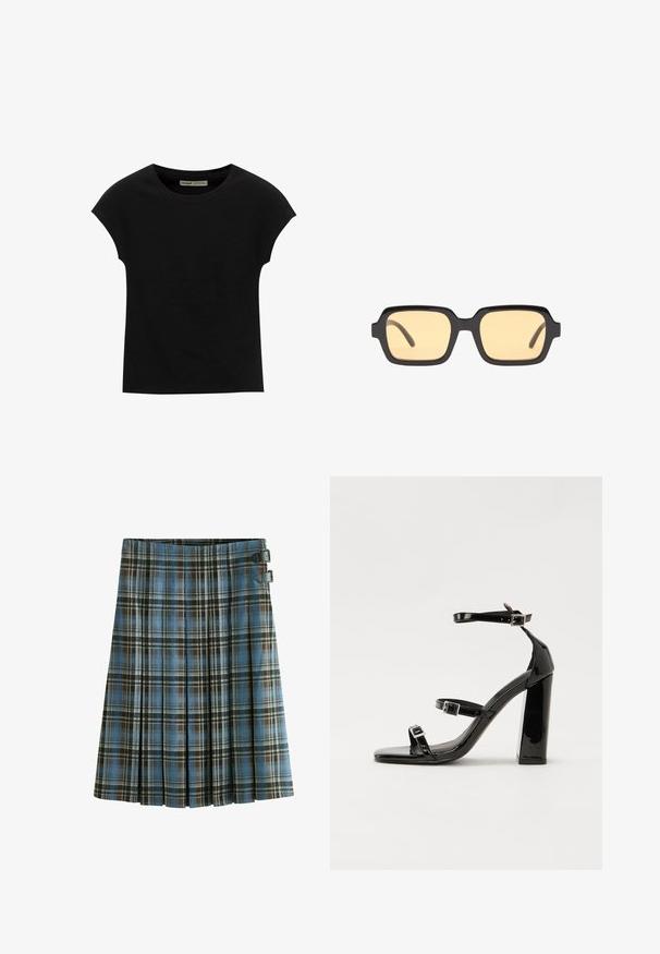 Sort T-shirt med korte ærmer og rund halsudskæring. Fremstillet af glat, elastisk bomuldsstof. Simpelt design uden mønstre eller grafik.; Rutet nederdel i blå, brun og sort nuancer. Har plisseringer og to sorte spændeaccentuer ved taljen. Fremstillet af vævet stof.; Sorte patenterede hælsandaler med firkantet tå, ankelremme og sølvspænder. Har en chunky blokHæl for stabilitet.; Sorte rektangulære solbriller med gule linser, letvægtsramme og karakteristiske slørede kanter på temple. Glat, blank finish.; Sort læder tote taske med glat tekstur, rektangulær form og to lange hanke. Ingen synlig hardware eller udsmykninger.