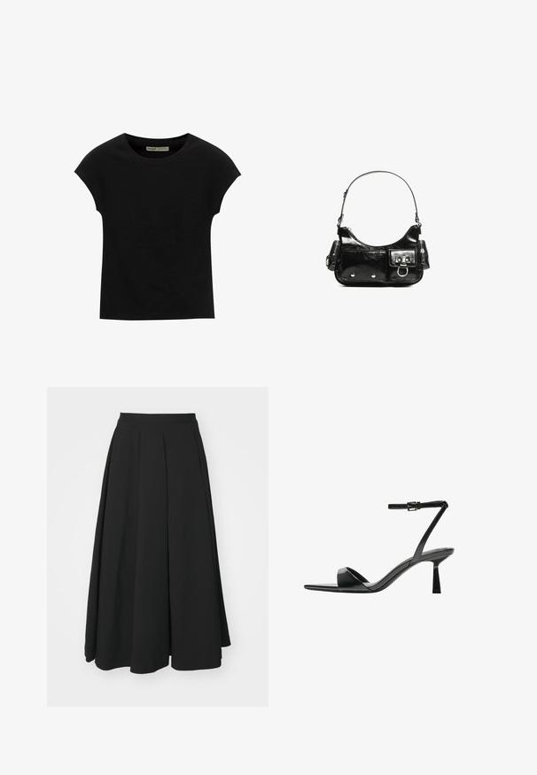 Sort T-shirt med korte ærmer og rund halsudskæring. Fremstillet af glat, elastisk bomuldsstof. Simpelt design uden mønstre eller grafik.; Theory IRREG - Pliceret nederdel /Nederdele med folder - black; Bershka Højhælede sandaletter / Højhælede sandaler - black; Sort patenteret læder håndtaske med en buet form, en skulderrem, frontlommer og hardware accenter i sølvfarve.