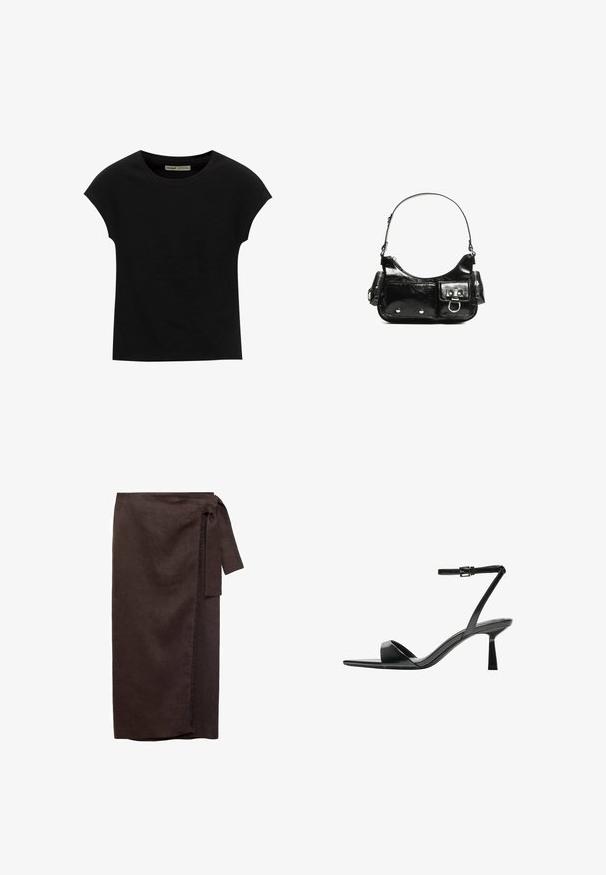 Czarna koszulka z krótkim rękawem i okrągłym dekoltem. Wykonana z gładkiej, elastycznej bawełny. Prosty design bez wzorów i grafik.; Brązowa lniana spódnica owijana z wiązanym pasem, prostym krojem i postrzępionym wykończeniem. Miękka tekstura i długość do podłogi.; Bershka - Sandały na obcasie; Czarna torebka z lakierowanej skóry o zaokrąglonym kształcie, z jednym paskiem na ramię, przednimi kieszeniami i akcentami w kolorze srebrnym.