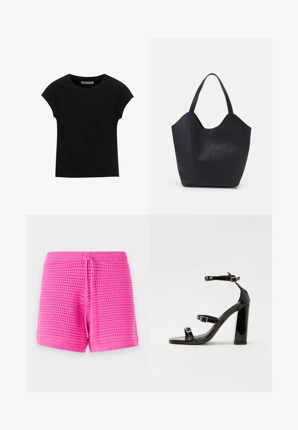 PULL&BEAR Basic póló - black; Rózsaszín kötött rövidnadrág, texturált mintával, rugalmas derékpánttal, állítható zsinórral és térd közepéig érő szabással.; Fekete lakk magas sarkú szandál négyzet alakú orral, bokapántokkal és ezüst csatokat tartalmaz. Masszív blokk sarka a stabilitásért felel.; Fekete tote táska sima bőrből, ívelt, nyitott tetővel és két vállpánttal, minimális dizájnnal.