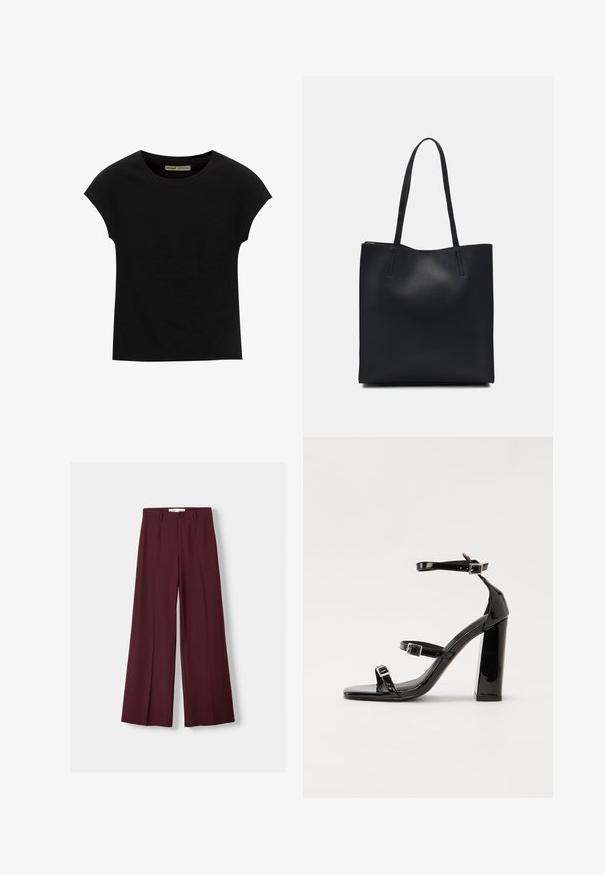Czarna koszulka z krótkim rękawem i okrągłym dekoltem. Wykonana z gładkiej, elastycznej bawełny. Prosty design bez wzorów i grafik.; Burgundowe spodnie o szerokich nogawkach, wykonane z gładkiego materiału, z przednim zapięciem na guziki i czystymi zakładkami, co nadaje im elegancki wygląd.; Czarne lakierowane sandały na obcasie z kwadratowym noskiem, z paskami wokół kostki i srebrnymi klamrami. Posiadają masywny słupek dla stabilności.; Czarna skórzana torba tote o gładkiej fakturze, prostokątnym kształcie i dwóch długich uchwytach. Brak widocznych elementów metalowych i ozdób.