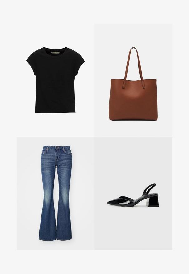 Maglietta nera a maniche corte con scollo rotondo. Realizzata in tessuto di cotone liscio ed elastico. Design semplice senza motivi o grafiche.; Jeans a gamba larga di denim con effetto lavato chiaro, dotati di tasche classiche e chiusura a bottone singolo.; Décolleté in vernice nera con punta affusolata e tacco in geometria cubica. Presentano un design elegante e minimalista, con una texture liscia.; Borsa tote in pelle marrone con texture liscia, design con apertura superiore e due spallacci. Presenta cuciture minime e nessun hardware visibile.