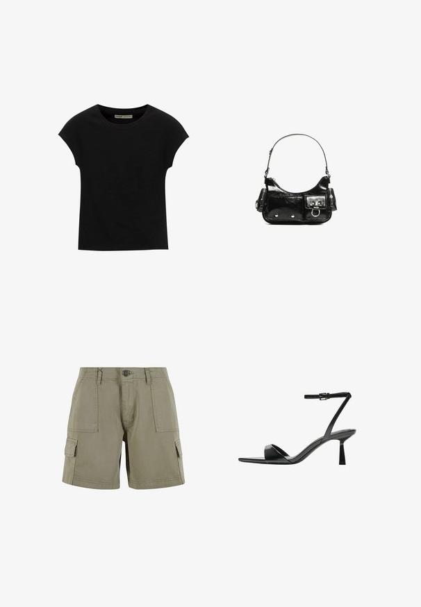 Czarna koszulka z krótkim rękawem i okrągłym dekoltem. Wykonana z gładkiej, elastycznej bawełny. Prosty design bez wzorów i grafik.; Khaki szorty cargo wykonane z lekkiej bawełny, z dwiema kieszeniami bocznymi, zapięciem na guzik z przodu i prostym krojem.; Bershka - Sandały na obcasie; Czarna torebka z lakierowanej skóry o zaokrąglonym kształcie, z jednym paskiem na ramię, przednimi kieszeniami i akcentami w kolorze srebrnym.