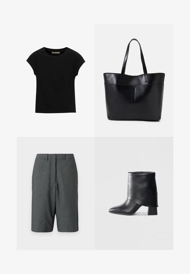 Fekete rövid ujjú póló kerek nyakkivágással. Sima, rugalmas pamut anyagból készült. Egyszerű kialakítás, minták vagy grafikák nélkül.; Sötétszürke, fazonra szabott rövidnadrág texturált anyagból, egy elöl pliszézett betéttel, övhurkokkal, oldalsó zsebekkel és egy kis logóval a lábon.; Fekete bőr bokacsizma, hegyes orral, sima felülettel és strukturált blokk sarokkal. Magas, hajtott szegéllyel rendelkezik.; Fekete bőr bevásárlótáska két hosszú fogantyúval, sima felülettel és strukturált formával. Elülső zseb található rajta a plusz tárolás érdekében.