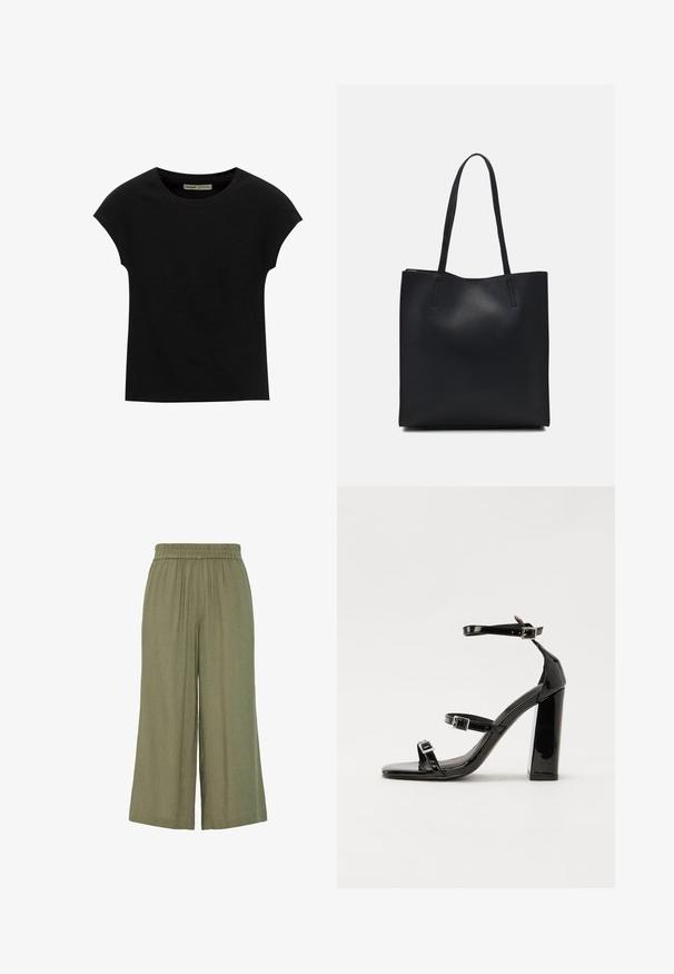 Crna majica kratkih rukava s okruglim izrezom. Izrađena od glatkog, rastezljivog pamučnog materijala. Jednostavan dizajn bez uzoraka ili grafika.; Zelene široke hlače od lagane tkanine, sa elastikom u struku i naboranim dizajnom, pogodne za svakodnevno nošenje.; Crne lakirane sandale na pete sa kvadratnim nosom, trakama oko gležnja i srebrnim kopčama. Imaju čvrst blok petu za stabilnost.; Crna kožna torba za nošenje s glatkom teksturom, pravokutnim oblikom i dvije duge ručke. Nema vidljivih metalnih dijelova ili ukrasa.