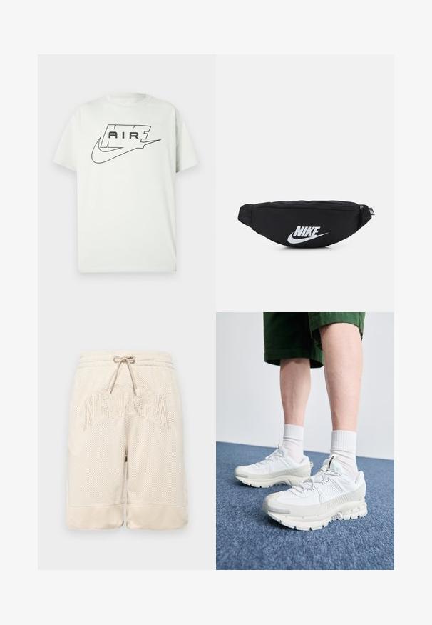 T-shirt branca de manga curta com logótipo Air da Nike em preto, apresentando a palavra "AIR" dentro de um contorno estilizado acima do clássico swoosh.; Bermudas em malha beje com uma superfície texturizada, apresentando uma cintura com cordão e o logótipo "NEWERA" bordado em destaque na frente.; Sapatos atléticos brancos com sobreposições texturizadas, sola espessa e detalhes em cinza. Usados com meias brancas até ao tornozelo e calções verdes sobre uma superfície azul.; Mochila de cintura preta em nylon com fecho com zíper, apresentando um grande logótipo branco da Nike. Textura suave e design ergonómico para um uso confortável.