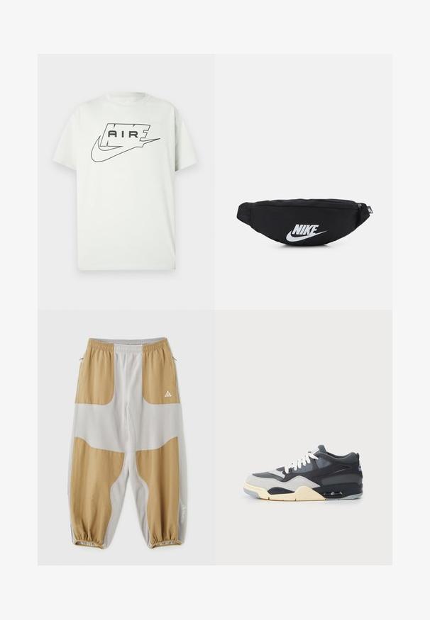 Hvit T-skjorte med korte ermer med svart Nike Air-logo, med ordet "AIR" inne i en stilisert omriss over den klassiske swooshen.; Lett, tapered joggebukser i grå og beige, med elastiske mansjetter, glidelåslommer og en trekantet logo i hvitt på høyre ben.; Sneakers med en overdel av blandede materialer i grått og marineblått, polstret såle, hvite snøringer og en blå aksentlogo på hælen.; Svart nylon belteveske med glidelås, med en stor hvit Nike-logo. Jevn tekstur og ergonomisk design for komfortabel bruk.