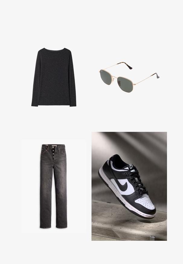 Langærmet sort t-shirt i et struktureret stof, med rund halsudskæring og subtile prikker af lysere farve gennem hele stoffet.; Sorte højtaljede jeans med lige ben-design, lavet af denim. Features en knaplukning, kobberdetaljer og kontrastsyninger.; Sorthvid Nike Dunk Low sneakers med læderoverdel, perforeret tåboks og sorte snørebånd, udstyret med en hvid sål og logo accenter.; Guldmetallisk brille med mørkegrønne linser, aviator-stil, med slanke arme og skildpadde-mønstrede detaljer på spidserne.; Sort tote bag med geometrisk mønster, lavet af tekstureret materiale. Har robuste håndtag og et mærke, samt en struktureret form.