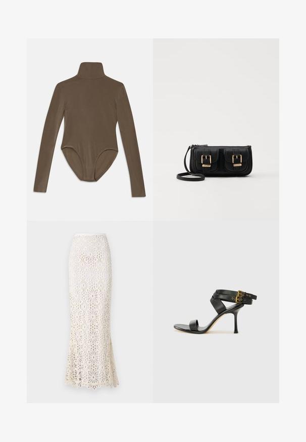 Tumši brūna auduma bodijs ar garām piedurknēm, kas piedāvā augstu apkakli, gludu tekstūru un liesu aizmugures dizainu ar pieguļošu piegriezumu.; Norma Kamali OBIE LONG SKIRT - Maksi svārki - cream; Melna augsta papēža sāndele ar krustotiem siksniņām un regulējamu sprādzi. Iespēlēts gluds tekstūra un pakāpenisks stiletto papēdis.; Melnas ādas crossbody soma ar divām priekšējām kabatām, zelta sprādzēm, ar rāvējslēdzēju aizdari un šauru siksnu. Strukturēta virsma un kompakta taisnstūra forma.