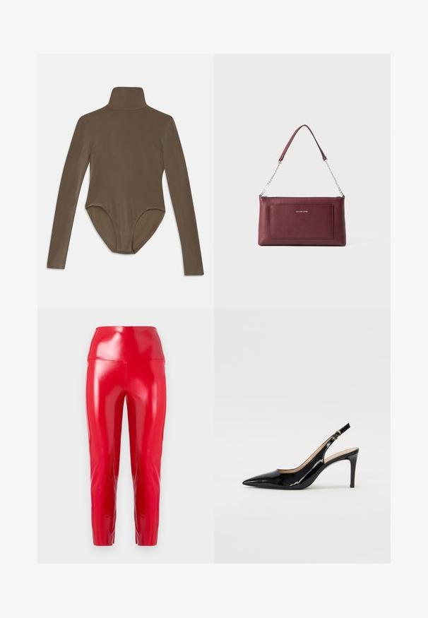 Body z długim rękawem w ciemno-brązowym materiale, z wysokim kołnierzem, gładką teksturą i wycięciem na plecach, dopasowane do ciała.; Czerwone, wysokie spodnie wykonane z błyszczącego, elastycznego materiału. Charakteryzują się zwężającymi się nogawkami oraz gładką, błyszczącą teksturą bez widocznych szwów czy ozdób.; Czarne lakierowane szpilki typu slingback z szpiczastym noskiem, smukłym obcasem i subtelnym wycięciem. Posiadają złotą klamrę na pasku.; Burgundowa skórzana torebka o fakturowanej powierzchni, smukłym prostokątnym kształcie, odczepianym łańcuszku oraz akcentem logo z przodu.