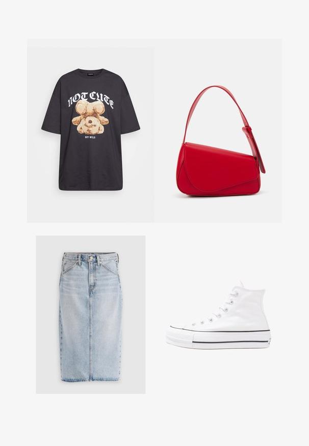 Crna oversized majica s grafikom medvjeda i natpisom "NIJE SLATKO, ALI DIVLJE" u podebljanim, bijelim slovima. Pamuk.; Svjetloplava traper midi suknja ravnog kroja, s prednjim džepovima i isfrkanim rubom. Opremljena je petljama za remen i centralnim detaljem na prednjem šavu.; Bijela visoka platnena tenisica s crnom gumenom potplatom, prednjim gumenim zaštitnikom prstiju i šest rupa za vezanje, s čistim, minimalističkim dizajnom.; Crvena kožna torba s kutnim, geometrijskim dizajnom. Ima jedan podesivi remen i preklopni zatvarač sa šivenim detaljima.