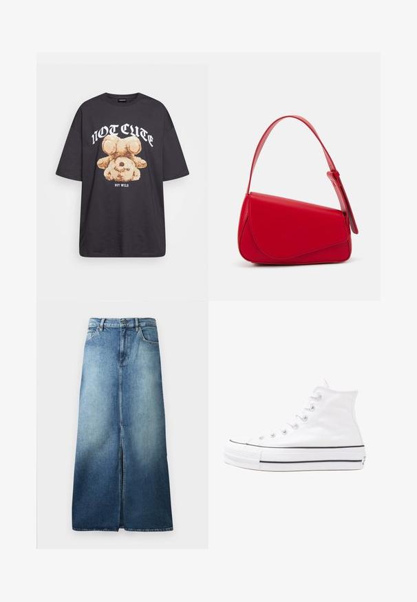 Tricou oversized negru featuring un grafic cu un urs și textul „NU E DRĂGUȚ DAR SUNT SĂLBATIC” în litere albe, îndrăznețe. Material din bumbac.; Fustă din denim cu un gradient de la albastru deschis la albastru închis, având o fanta frontală, talie standard și un croi drept cu margini tivite.; Adidași albi tip pantofi sport cu glezna din pânză, cu talpă din cauciuc negru, capac de vârf din cauciuc frontal și șase ochiuri pentru șireturi, având un design curat și minimalist.; Geantă de mână din piele roșie, cu un design unghiular și geometric. Dispune de o singură curea ajustabilă și un sistem de închidere cu clapetă, cu detalii cusute.