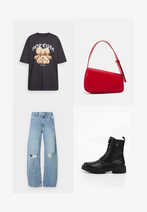 Black oversized t-shirt featuring a graphic of a bear with the text “NOT CUTE BUT WILD” in bold, white lettering. Cotton material.; Light blue, high-waisted jeans made of denim. Feature wide legs, two torn knee areas, and classic five-pocket styling.; Black leather ankle boot with lace-up design, round toe, thick rubber sole, and an embossed logo on the side. Textured finish.; Red leather handbag with an angular, geometric design. Features a single adjustable strap and a flap closure with stitched detailing.
