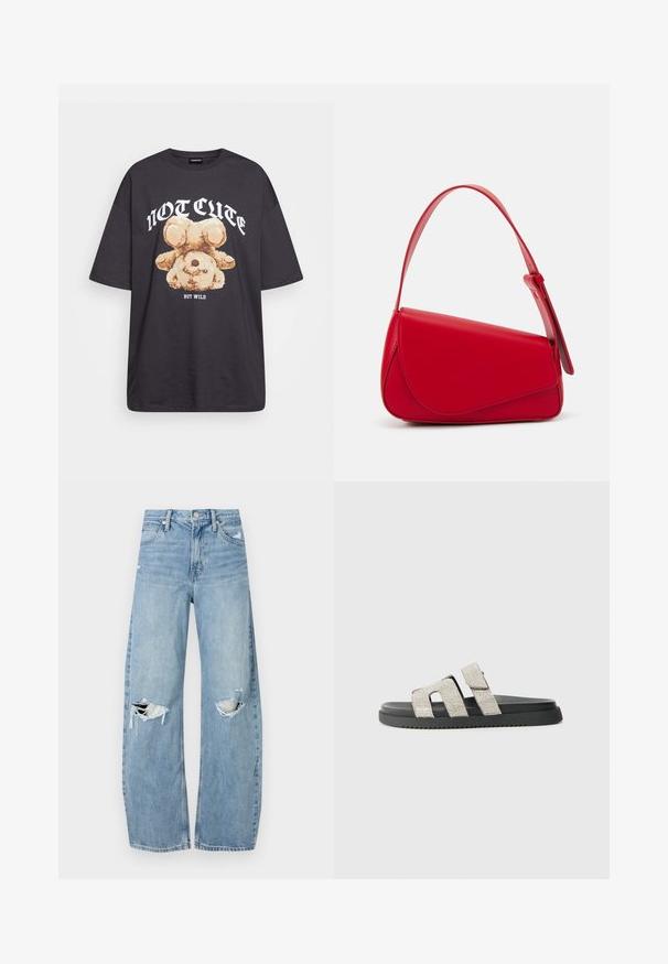 Black oversized t-shirt featuring a graphic of a bear with the text “NOT CUTE BUT WILD” in bold, white lettering. Cotton material.; Light blue, high-waisted jeans made of denim. Feature wide legs, two torn knee areas, and classic five-pocket styling.; Black sole slide sandal with two vertical bands featuring silver rhinestones, flat design, rubber texture, and a subtle tread pattern.; Red leather handbag with an angular, geometric design. Features a single adjustable strap and a flap closure with stitched detailing.