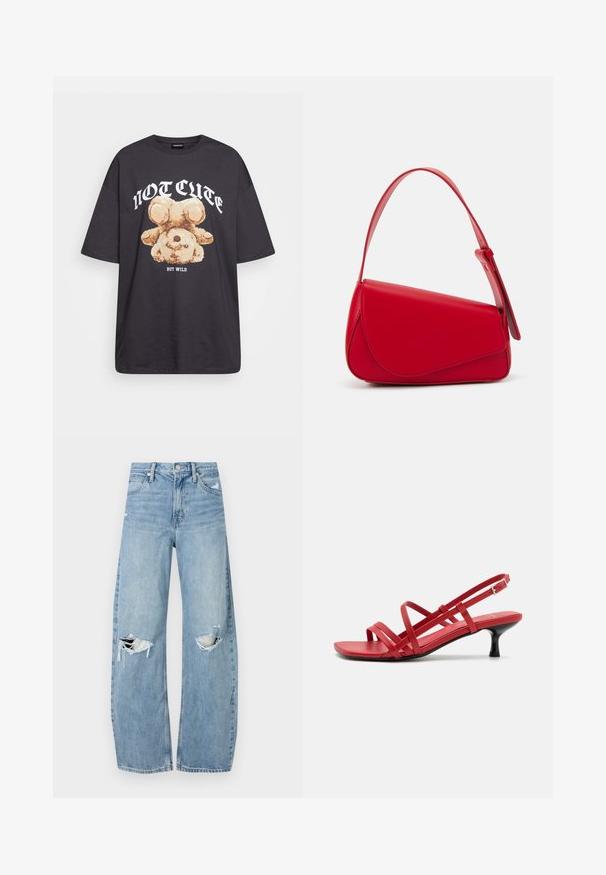 Zwart oversized t-shirt met een afbeelding van een beer en de tekst "NIET SCHATTIG, MAAR WILD" in grote, witte letters. Gemaakt van katoen.; Lichtblauwe, hooggeritste jeans van denim. Beschikken over wijde pijpen, twee gescheurde knievalken en klassieke vijfzakken styling.; Rode sandalen met bandjes en een slanke, hoge hak. De bovenkant is gemaakt van soepel materiaal met een platte zool en een enkelbandje voor ondersteuning.; Rode leren handtas met een hoekig, geometrisch ontwerp. Beschikt over een enkele verstelbare schouderriem en een klepclosure met gestikte details.