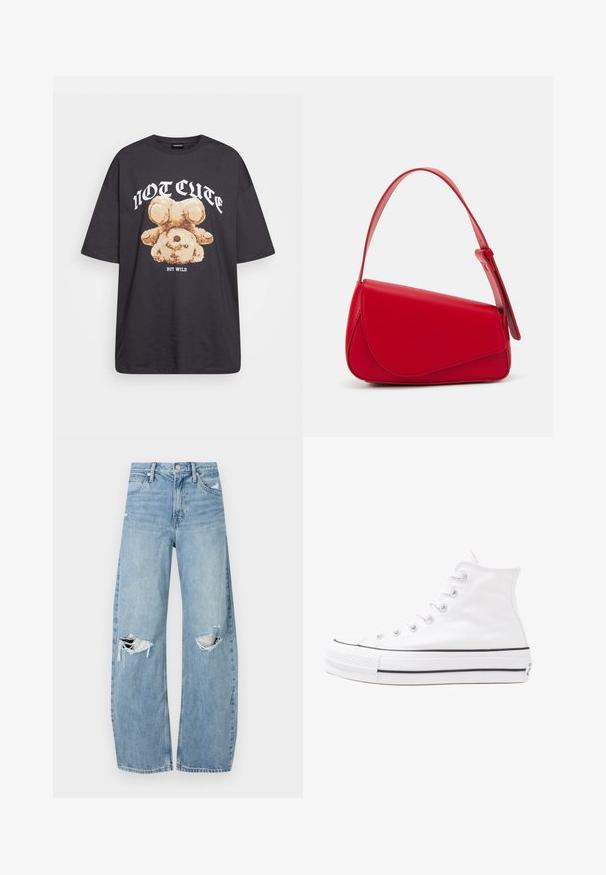 Svart oversized t-skjorte med en grafikk av en bjørn og teksten "IKKE SØT, MEN VILL" i fet, hvit skrift. Laget av bomull.; Lyseblå høytlivsjeans laget av denim. Har vide bein, to revne knær og klassisk fem-lommers design.; Hvit høy-skinn kanvas sneakers med svart gummisåle, gummitåhette foran og seks hull for snorer, med et rent, minimalistisk design.; Rød lærveske med en vinklet, geometrisk design. Har en enkelt justerbar stropp og en klaffelukking med sydd detaljer.