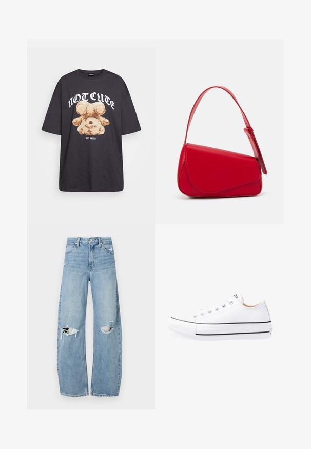 Černé oversized tričko s grafikou medvěda a textem „NENÍ CUTE, ALE DIVOKÝ“ v tučném bílém písmu. Bavlněný materiál.; Světle modré džíny s vysokým pasem vyrobené z denimu. Mají široké nohavice, dvě roztržené oblasti na kolenou a klasický pětikapsový střih.; Bílé plátěné tenisky s nízkým střihem, gumovou špičkou, černým pruhem podél podešve a kovovými očky pro tkaničky. Jednoduchá textura.; Červená kožená kabelka s ostrým, geometrickým designem. Má jeden nastavitelný popruh a klopu s prošívanými detaily.