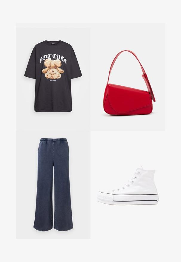 Black oversized t-shirt featuring a graphic of a bear with the text “NOT CUTE BUT WILD” in bold, white lettering. Cotton material.; Navy blue wide-leg pants with elastic waistband, straight cut and subtle texture, displayed against plain white background.; White high-top canvas sneaker with black rubber sole, front rubber toe cap, and six eyelets for laces, featuring a clean, minimalist design.; Red leather handbag with an angular, geometric design. Features a single adjustable strap and a flap closure with stitched detailing.
