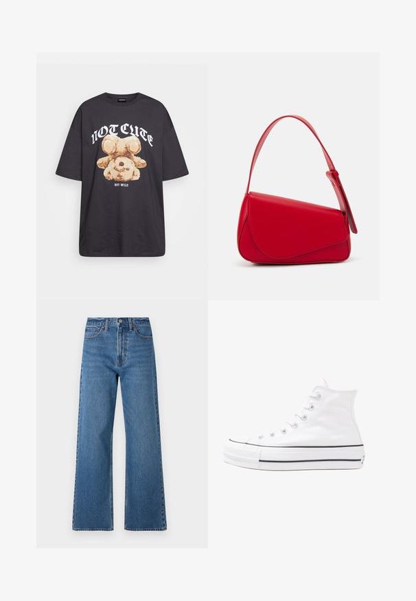T-shirt oversized preto com uma gráfica de um urso e o texto "NÃO FOFO, MAS SELVAGEM" em letras brancas e em negrito. Material em algodão.; Jeans de denim azul de perna larga com uma cintura alta, apresentando um fecho de botão, design de cinco bolsos e detalhes de costura visíveis.; Sapatilha alta de tela branca com sola de borracha preta, bico de borracha na frente e seis ilhós para os atacadores, apresentando um design limpo e minimalista.; Bolsa de mão em couro vermelho com um design angular e geométrico. Apresenta uma única alça ajustável e um fecho com aba, com detalhes cosidos.
