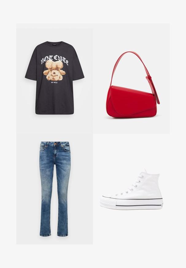 T-shirt nera oversize con una grafica di un orso e la scritta "NON CARINA MA SELVAGGIA" in grassetto, lettere bianche. Materiale in cotone.; Jeans in denim azzurro chiaro con un design a gamba dritta, dotati di chiusura anteriore con bottone, cinque tasche e un leggero effetto sbiadito.; Sneaker alta in tela bianca con suola in gomma nera, punta in gomma frontale e sei asole per i lacci, caratterizzata da un design pulito e minimalista.; Borsa a tracolla in pelle rossa con un design angolare e geometrico. Presenta una singola tracolla regolabile e una chiusura a patta con dettagli cuciti.