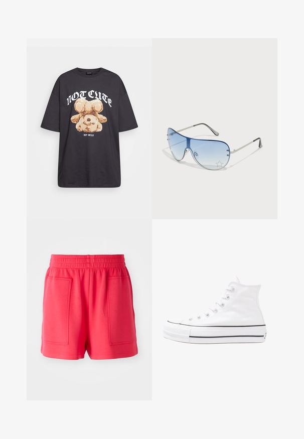 Fekete, oversized póló, rajta egy medvével és a "NEM CUKI, HANEM FÉKTELEN" felirattal vastag, fehér betűkkel. Pamut anyag.; Piros sportnadrág könnyű anyagból, rugalmas derékkal és két nagy elülső zsebbel. Sima textúra, térd hosszúságú fazon.; Fehér magaskorsó vászon sportcipő fekete gumi talppal, elülső gumi orrnyereggel és hat fűzőlyukkal, letisztult, minimalista dizájnnal.; Pilóta napszemüveg, melynek áttetsző kék lencséje, ezüst fém kerete és díszes csillag díszítések találhatók a lencsén. Simogató és elegáns dizájn.