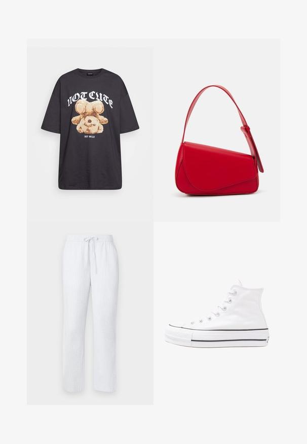 Black oversized t-shirt featuring a graphic of a bear with the text “NOT CUTE BUT WILD” in bold, white lettering. Cotton material.; Light blue pajama pants with a textured pattern, elastic waistband, and drawstring. Straight-legged design, lightweight fabric.; White high-top canvas sneaker with black rubber sole, front rubber toe cap, and six eyelets for laces, featuring a clean, minimalist design.; Red leather handbag with an angular, geometric design. Features a single adjustable strap and a flap closure with stitched detailing.