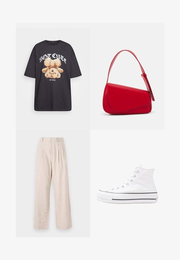 Black oversized t-shirt featuring a graphic of a bear with the text “NOT CUTE BUT WILD” in bold, white lettering. Cotton material.; Light beige linen trousers with a loose fit, featuring front pleats and a straight leg design. Minimalist style and textured fabric.; White high-top canvas sneaker with black rubber sole, front rubber toe cap, and six eyelets for laces, featuring a clean, minimalist design.; Red leather handbag with an angular, geometric design. Features a single adjustable strap and a flap closure with stitched detailing.