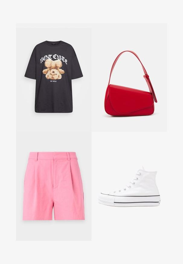 Tricou oversized negru featuring un grafic cu un urs și textul „NU E DRĂGUȚ DAR SUNT SĂLBATIC” în litere albe, îndrăznețe. Material din bumbac.; Shorts roz din bumbac, cu o textură fină, prezentând pliuri, un tiv și buzunare laterale pentru o funcționalitate suplimentară.; Adidași albi tip pantofi sport cu glezna din pânză, cu talpă din cauciuc negru, capac de vârf din cauciuc frontal și șase ochiuri pentru șireturi, având un design curat și minimalist.; Geantă de mână din piele roșie, cu un design unghiular și geometric. Dispune de o singură curea ajustabilă și un sistem de închidere cu clapetă, cu detalii cusute.