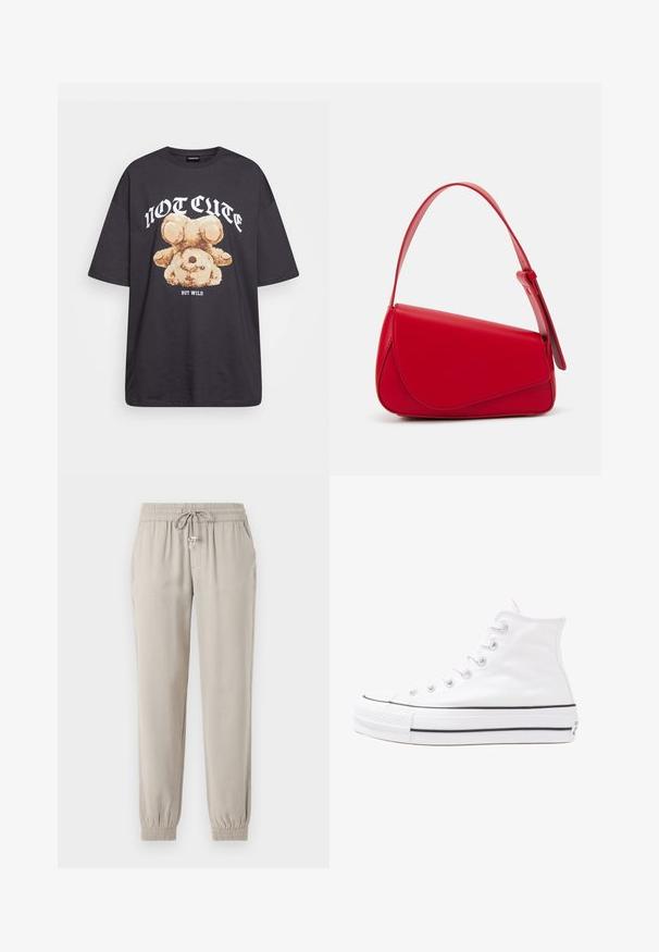 Black oversized t-shirt featuring a graphic of a bear with the text “NOT CUTE BUT WILD” in bold, white lettering. Cotton material.; Light beige jogger pants made of soft fabric, featuring an elastic waistband with a drawstring, side pockets, and elastic cuffs.; White high-top canvas sneaker with black rubber sole, front rubber toe cap, and six eyelets for laces, featuring a clean, minimalist design.; Red leather handbag with an angular, geometric design. Features a single adjustable strap and a flap closure with stitched detailing.