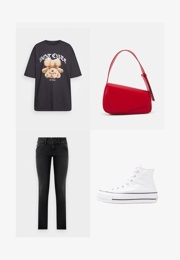 Fekete, oversized póló, rajta egy medvével és a "NEM CUKI, HANEM FÉKTELEN" felirattal vastag, fehér betűkkel. Pamut anyag.; Fekete farmer skinny farmernadrág, két gombos derékrésszel, elülső zsebekkel és sima, texturált felülettel. Szabványos szabású, teljes hosszúságú kivitel.; Fehér magaskorsó vászon sportcipő fekete gumi talppal, elülső gumi orrnyereggel és hat fűzőlyukkal, letisztult, minimalista dizájnnal.; Piros bőr kézitáska szögletes, geometrikus kialakítással. Egy állítható pánttal és varrott részletekkel ellátott fedélzárral rendelkezik.